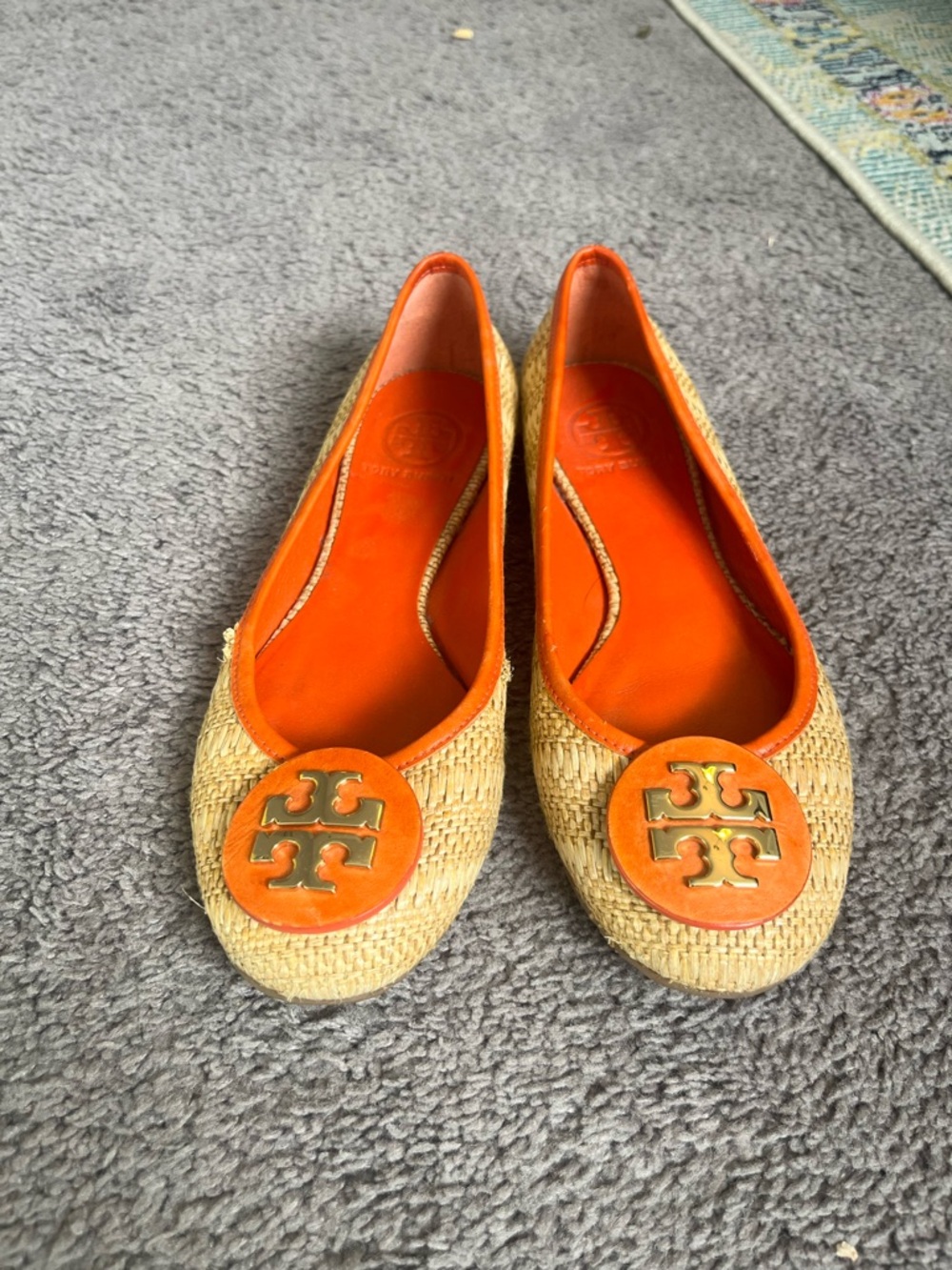 Tory Burch Coral Straw Reva Raffia Flats